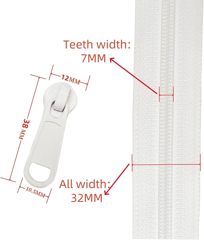 MebuZip #5 Nylon Coil Zippers by The Yard Bulk Zipper Roll Zipper Tape 10 Yards with 25pcs Pulls for Sewing Tailor DIY Craft Bags Pillows (White 10Yards)