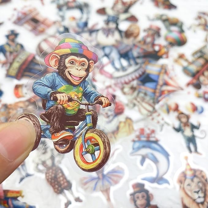 50 Pcs Vintage Circus Scrapbook Stickers – Clear Waterproof Clown, Animal, Tent, Retro Carnival Circus Decals for Journaling, Crafts, Planners, Cards & Laptop Decorations