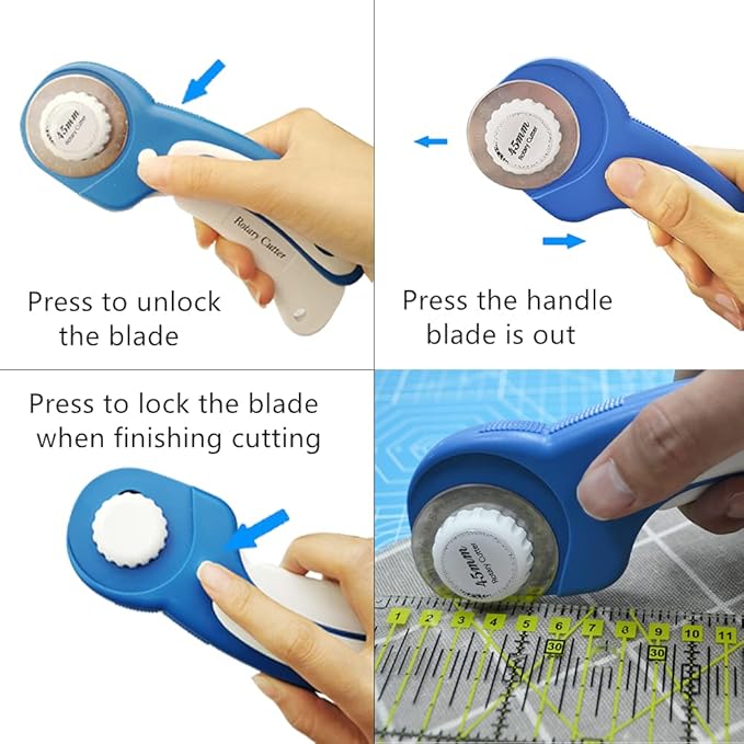 Headley Tools 45mm Rotary Cutter with 5pcs Extra Rotary Blades, Ergonomic Rolling Cutter with Safety Lock for Fabric, Sewing, Quilting, Cloth, Paper, Leather, Crafting, Fabric Rotary Cutter(Navy Blue)