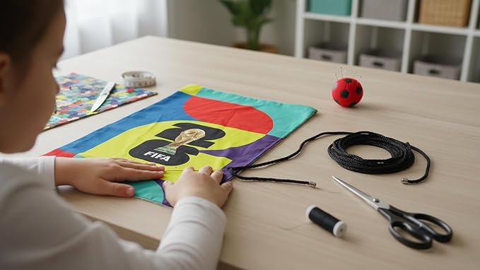 FIFA World Cup DIY Drawstring Backpack Kit – Soccer Fan Sewing Craft Project – Includes 24" x 43" Multicolor Canvas Panel, 12ft Nylon Paracord & Instructions – Create a 17" x 13" Handmade Sports Bag