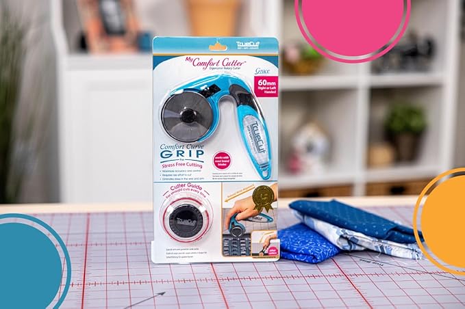TrueCut My Comfort Rotary Cutter - 60mm Ergonomic Wheel Cutter for Fabric, Quilting, Sewing, Crafting - Left or Right-Handed - Track-and-Guide Ruler - Quilting and Sewing Supplies