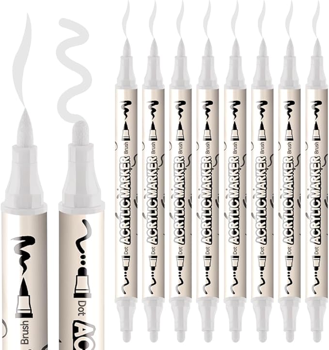 TRANSON 8 Pack White Brush and Bold Dual-tip Acrylic Paint Marker for DIY Glass Canvas Wood Leather Ceramic Rock Painting