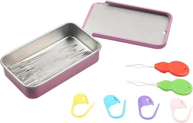 40PCS Large Eye Sewing Needles, 8 Sizes Hand Sewing Sharp Needles, Embroidery Needle, Leather Needle,Stainless Steel Yarn Needles with Threaders & Stitch Markers (Rosy Purple)