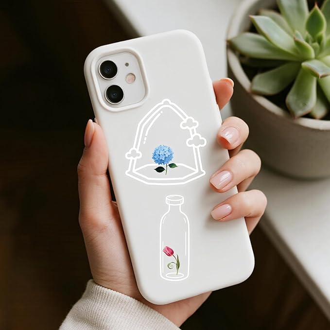 50Pcs Flowers in a Clear Bottle Stickers for Kindle, Laptop, Refrigerators, Scrapbooking, Journal, Photo Album, Suitcase, Waterproof PET Transparent Aesthetic Decals