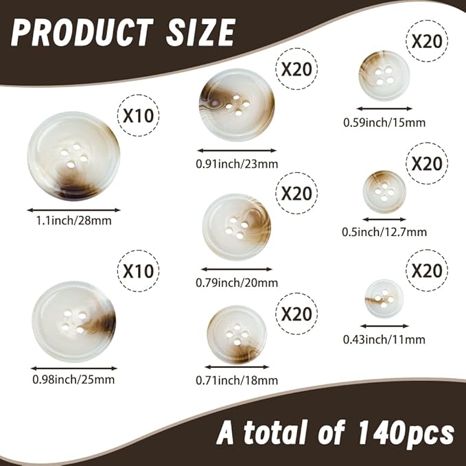 140PCS Mixed Resin Sewing Buttons Round 4 Holes for Sewing Clothes DIY Projects Painting Holiday Ornament Easter Egg Fillers Decoration 8 Sizes Mix