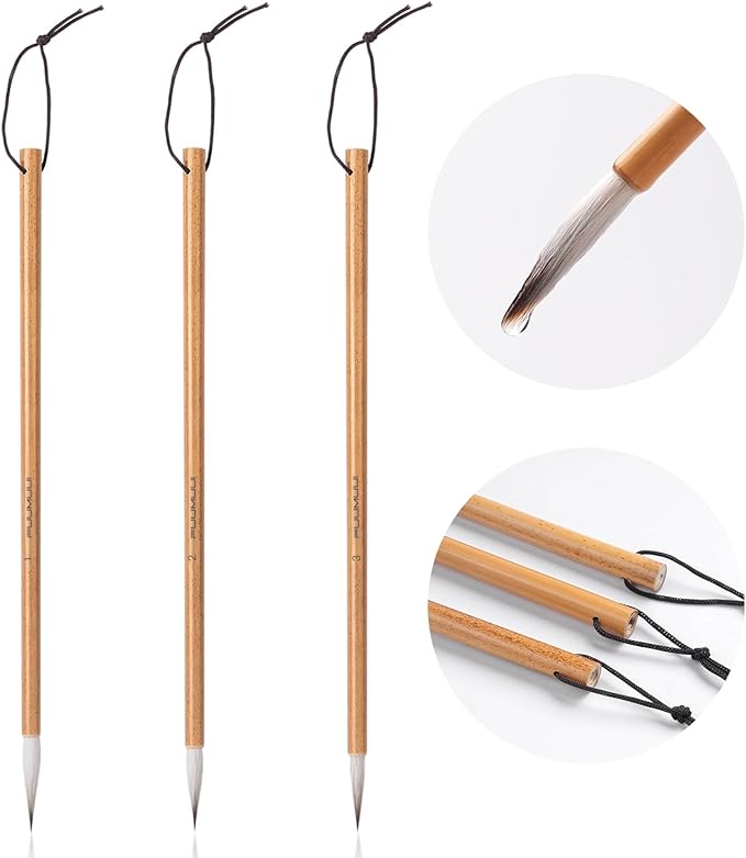 Fuumuui Chinese Calligraphy Brush, 3pcs Writing Brush Ink Painting Bamboo Watercolor Brushes Set Wolf Sheep Mix Brushes for Beginner Adult Professional Painting Tools