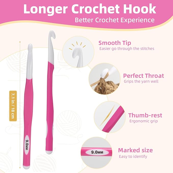9mm Large Crochet Hook,Ergonomic Crochet Needle for Arthritic Hands, Extra Long Rubber Handle Crochet Hooks for Knitting Sweaters, Shawls and Carpets