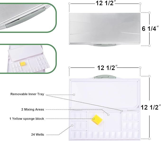 Falling in Art Airtight Leak-Proof Watercolor Palette, 24 Slightly Sloping Wells-3 Mixing Areas, 12 3/5 Inches by 6 2/7 Inches