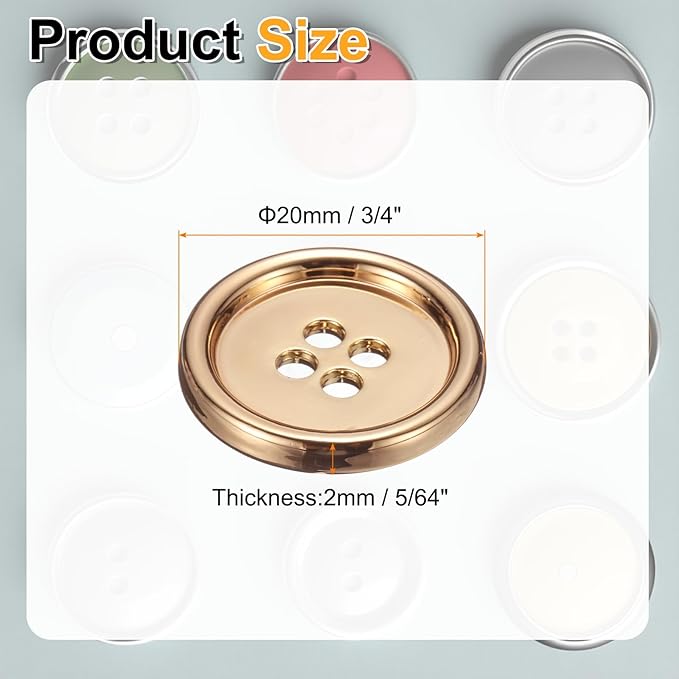 HARFINGTON 20pcs Metal Sewing Button, 20mm 4-Hole Round Suit Shirts Coats Clothes Sewing Buttons for Decoration Craft, Gold