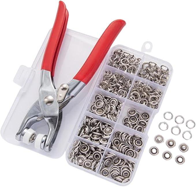 Sewing Kit with 100PCS Metal Buttons – Manual Pliers Tool Included, 9.5mm Snap Button Kit with Fastener Tool, Easy to Use, for DIY Crafts Sewing Fabric Clothes Bag Jean (Silver)