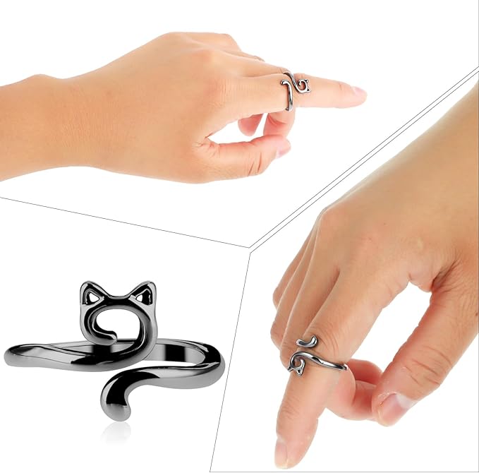 YUXIANLB 4pcs Adjustable Crochet Tension Ring for Finger, Cat Shape Metal Open Guide Tension Ring for Crocheting, Crochet Loop Rings Braided Faster Knitting Thimbles Supplies for Women (2Black, 2Gold)