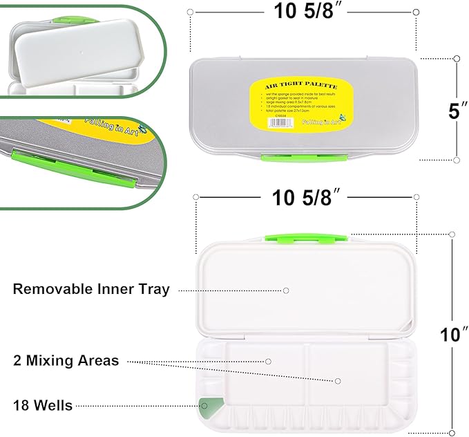 Falling in Art Airtight Watercolor Palette, Plastic Paint Palette with 18 Wells and 3 Mixing Areas, Folding Paint Tray with Lid, Suitable for Acrylic, Gouache and Watercolor