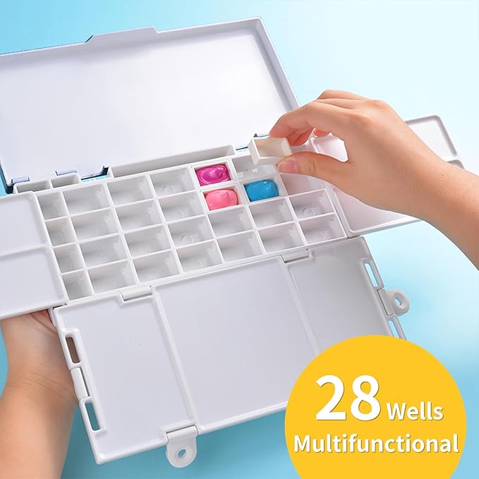 Airtight Paint Palette Tray: 28 Well Empty Watercolor Gouache Acrylic Palette with Lid Mixing Trays for Artists Adults Travel Outdoor Plein Air Painting