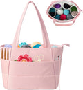 Crochet Bag for Yarn Storage, Puffer Knitting Bag with Soft Handles, Lightweight Yarn Storage Organizer with Zipper for Crochet Accessories, Gifts for Crocheters (Pink)