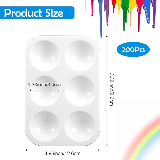 200 Pcs Small White Paint Palettes, 6 Well Rectangular Paint Tray Watercolor Acrylic Painting Holder Tray Art Palette for Students DIY Craft 4.96x3.38 Inch
