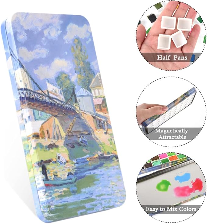 Portable Watercolor Tins Paint Palette with 40Pcs Empty Half Pans and Magnetic Squares, Small Travel Metal Paint Box with Acrylics Painting Art Drawing. Bridge