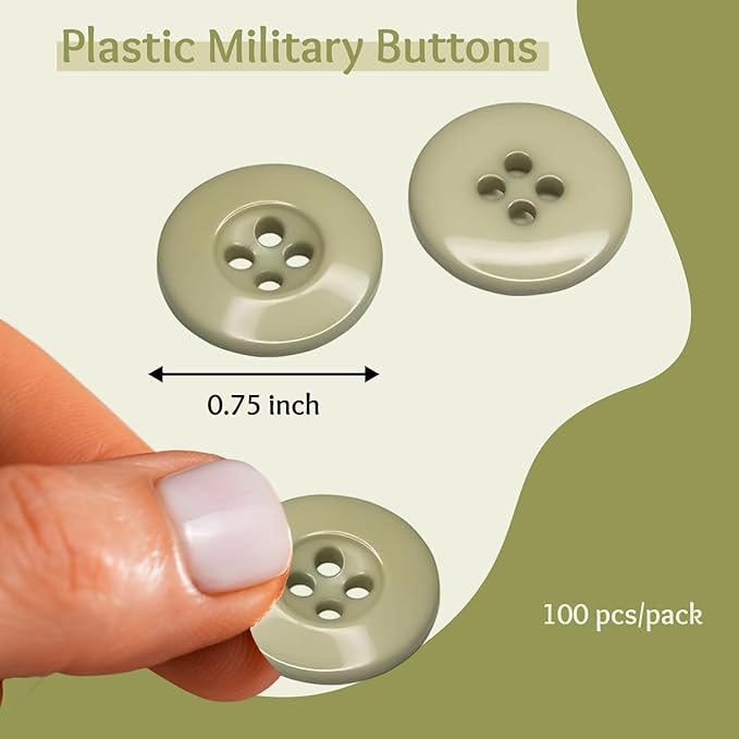 Khaki 100 Pcs Sewing Buttons 0.75 inch Uniform Buttons 30L 4 Hole Plastic Green Glossy Olive 19mm Ideal for Jacket Work Uniforms Workwear School Outfits Aprons Pants Bags DIY Crafts