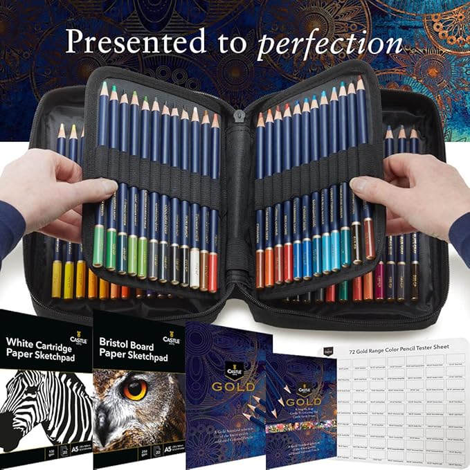 Castle Art Supplies Gold Standard 72 Colouring Pencils Set with Extras | Quality Oil-based Coloured Cores Stay Sharper, Tougher Against Breakage | For Adult Artists, Colourists | In Zipper Case