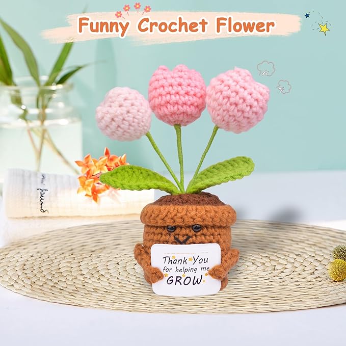 Positive Crochet Tulip Flower, Handmade Emotional Support Knitted Tulip Flowers Inspirational Gift for Women - Thank You, Appreciation, Positive Gift for Teacher, Mom, Friend, Coworker