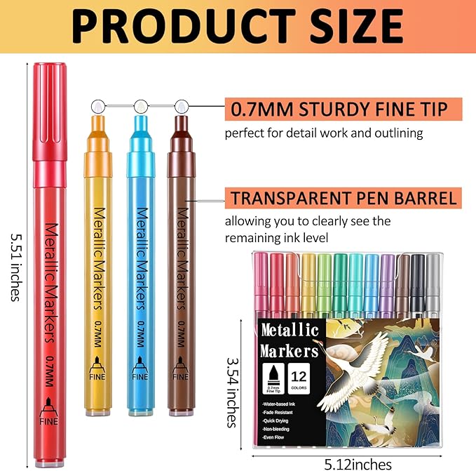 2 Sets Metallic Paint Markers Acrylic Metallic Pens Set of 12 Colors Glitter Pens 0.7 mm Extra Fine Tip Scrapbooking Coloring Black Paper Rock Painting Holiday Card Making DIY Crafts