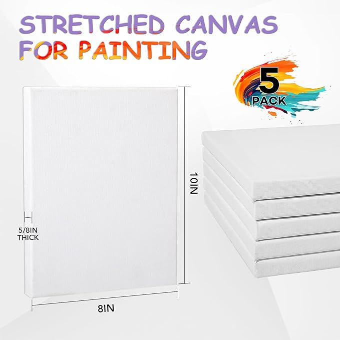 ESRICH Stretched Canvas for Painting, 5 Pack 8x10 Canvas Value Pack, Primed Acid-Free Cotton Blank Canvas, Paint Canvases for Oil & Acrylic Paint.