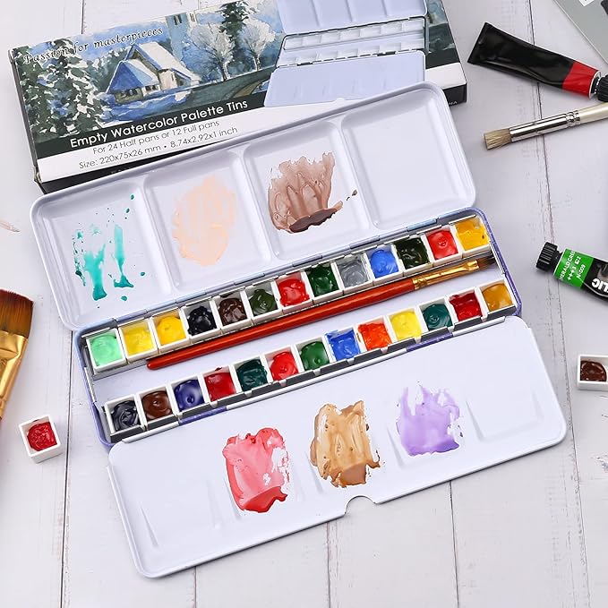 LOONENG Empty Watercolor Palette, Empty Watercolor Tin with Fold Out Palette, Medium Purple Watercolor Tray Palette with 26 Empty Half Pans for Plein Air Painting and Sketching