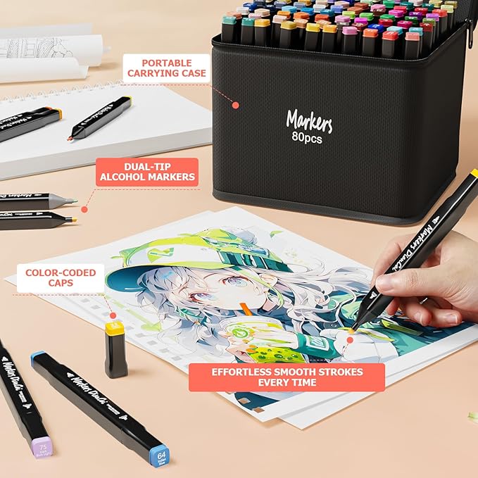 RUN HELIX Alcohol Markers, 168 Colors Dual Tip Markers Broad Brush Tip and Fine Tip, Marker for Coloring Drawing Painting Art, Alcohol Marker Set with Case for Adults (Black Barrel)