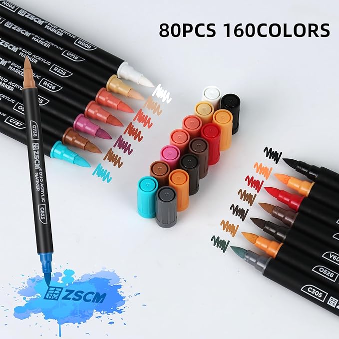 160 Colors Dual Tip Acrylic Paint Markers, 80Pcs Dual-Colors Brush Tip Paint Pens Stocking Stuffers for Rock, Wood, Fabric, Glass, Ceramic, Christmas Gifts for DIY Crafts Art Supplies