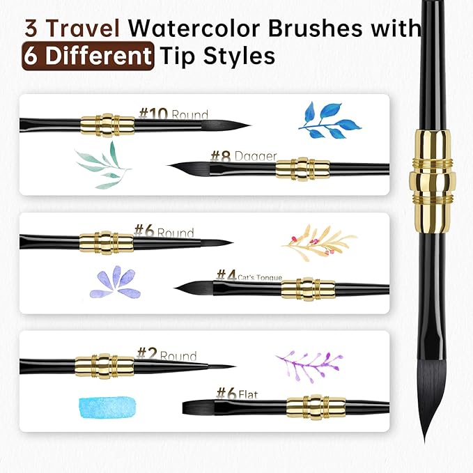 3pcs Dual-Tip Travel Watercolor Brushes with 6 Versatile Tip Styles, Premium Synthetic Squirrel Hair Travel Paint Brush Set for Plein Air Painting - Watercolor Acrylic Gouache Ink