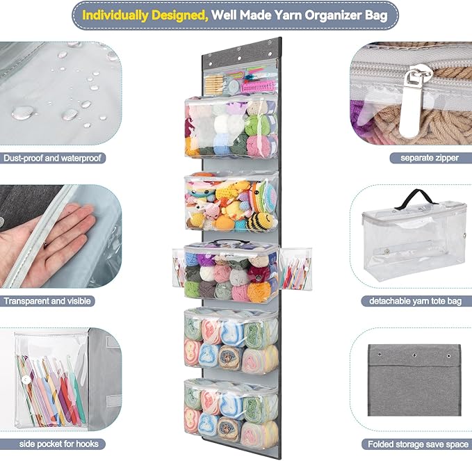 Katech Hanging Yarn Storage Organizer, Over The Door Storage w/Large Capacity Knitting Bag, Yarn Organizers with 6 Zipper Closure Compartments & Detachable Crochet Bag for Yarns Enthusiasts