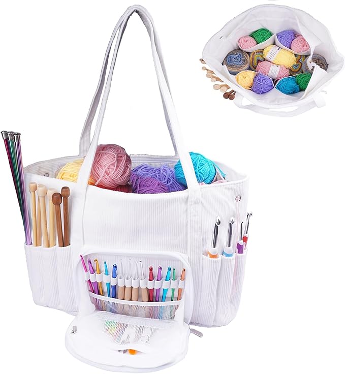 Crochet Bag Organizer, Large Capacity Yarn Storage Bag, Corduroy Knitting Crochet Tote Bag, Crochet Storage Bag for Crochet Hooks, Crochet Accessories, Knitting Needles Holder, White