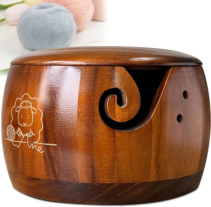 Wooden Yarn Bowl,Yarn Bowl with Lid, Knitting Yarn Bowl with Holes Storage,Yarn Holder Bowl for Crocheting and Knitting 7.2X4.2in,Crochet Bowls for Yarn,Knitting Bowl for Handmade Crocheting