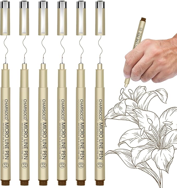 01 Micro Pen, 6 Pack Brown Fine Point Pen with Waterproof Archival Ink, 0.25mm Fineliner Ink Pens for Artist Illustration, Sketching, Anime, Manga, Technical Drawing and Scrapbooking