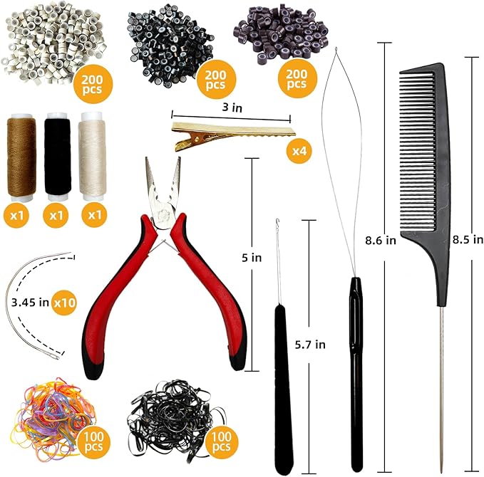 Sew in Hair Extensions Kit, Microlink Tool Kit with 600 Silicone Nano Microbeads, 1 Extension Plier, 3 Rolls of Sewing Thread, 2 Hair Pulling Loops, 10 Crochet Hooks, 4 Clips, 1 Comb, 200 Rubber Bands