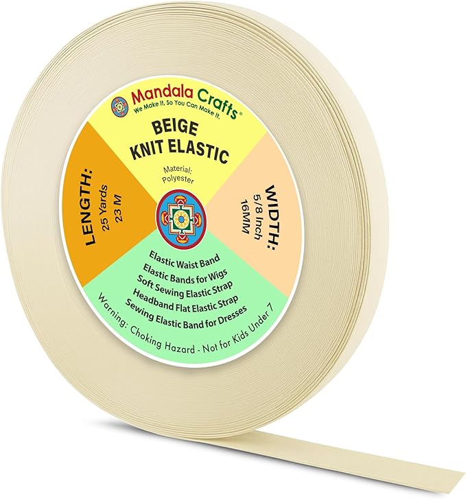 Mandala Crafts Wide 5/8 Inch Beige Elastic Bands Spool for Pants Waistbands Sewing and DIY Crafts, 25 YD Stretchy Flat Fabric Strap Knit Elastic Band for Wig
