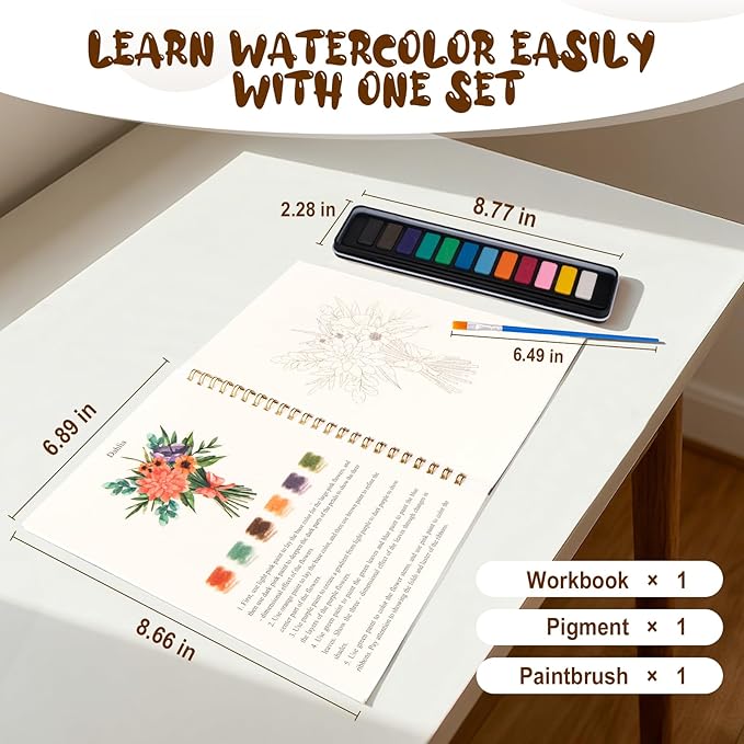 Kivzex Watercolor Workbook for Adults, Beginner Friendly Watercolor Painting Kit Bouquet Water Coloring Book, Nature-Themed Practice Art Gift Water Color Paint Book with Palette and Brush