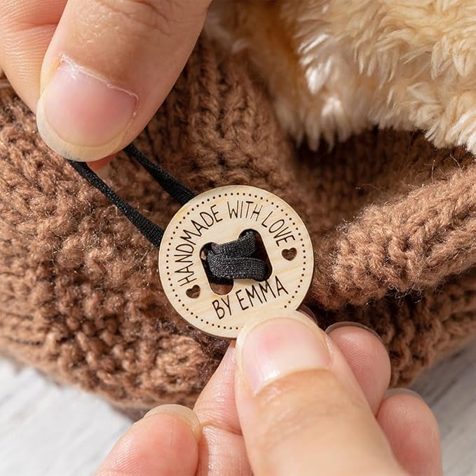 callie Personalized Wooden Name Buttons & Tags for Crafts –Custom Text, Handmade with Love Tags, Gifts for Crafting Knitting Crocheting Sewing Lovers
