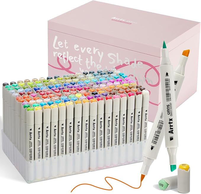 Arrtx Alcohol Markers 160 Color Set, Dual Tip Brush and Chisel, Professional Alcohol-Based Art Markers for Artists, Adults, Beginners, Ideal for Sketching,Illustration