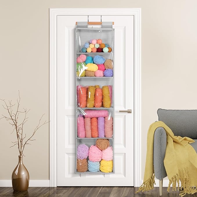 Hanging Yarn Storage with 5 Large Pockets, Clear Knitting Organizer Storage with Zippers for Crochet Lovers, Hanging Yarn Holder with Over-Door Hooks for Knitting Needles Crochet Hooks, Grey