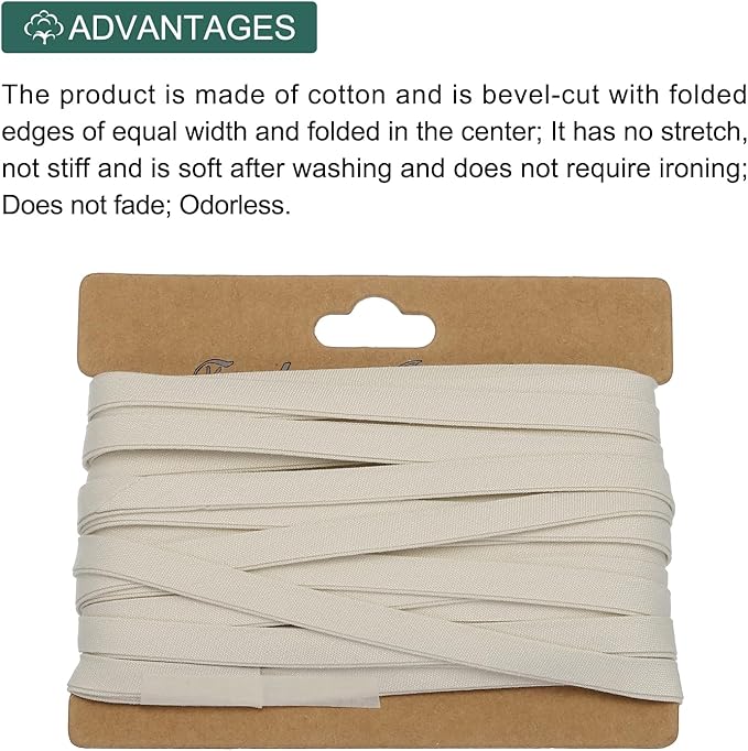 MECCANIXITY 1/4 Inch Double Fold Bias Tape Cotton Continuous Bulk Bias Tape for Sewing,Seaming Quilting Hemming Binding Crafts (Light White 12 Yards)
