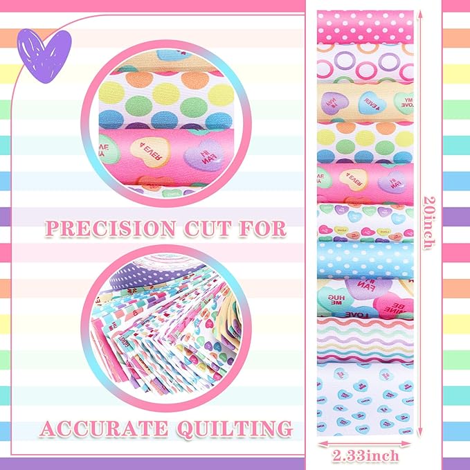 Ganeen 100 Pcs Valentines Conversation Heart Quilting Fabric Roll 2.56 Inch Fabric Squares Jelly Patchwork Precut Strips Bundles for Holiday Materials Craft DIY Sewing Cloths
