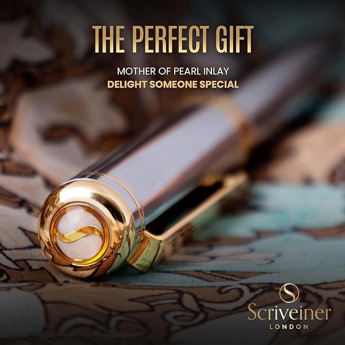 Scriveiner Silver Chrome Fountain Pen - Stunning Luxury Pen, Real Gold Finish, Schmidt Gilded Nib (Extra Fine), Best Gift Set for Men & Women Professional Executive Office Nice Designer Pen