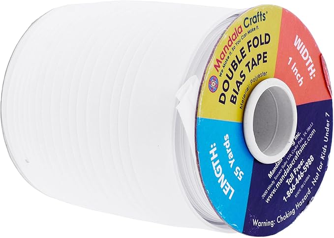 Mandala Crafts 55 Yards 1 Inch White Double Fold Bias Tape for Sewing - Bias Binding Tape for Quilting Binding, Hemming, Seam, and Fabric Piping