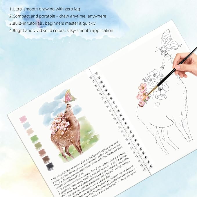 Watercolor Workbook, 15 Different Patterns of Original DIY Paintings for Water Color Book, 8.7 * 6.7inch, Water Coloring Book for Beginners Adults (Without Palette, Animals)