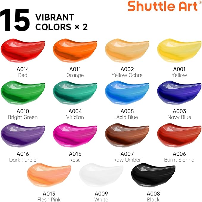 Shuttle Art 58 Pack Acrylic Paint Set, Painting Kit with 2 Pack of 15 Colors Acrylic Paint, 2 Sets of Wooden Easels, Canvas, Brushes & Palettes, Art Painting Supplies Kit for Adults Kids Beginner