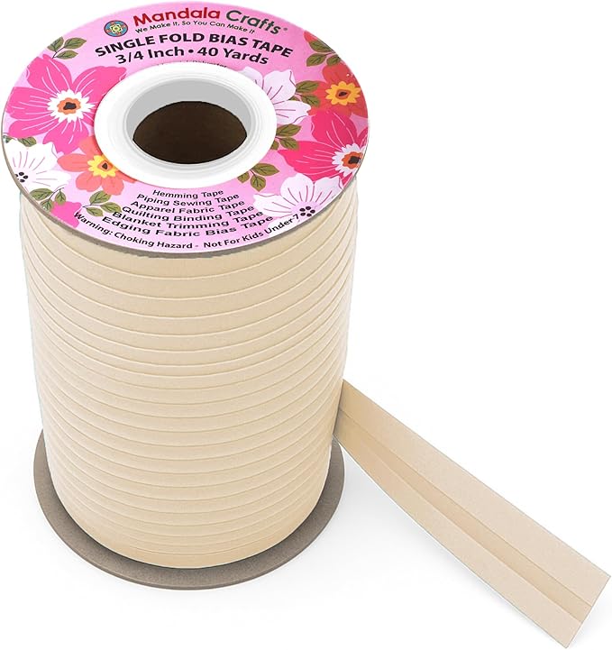 Mandala Crafts 3/4 Inch Single Fold Bias Tape for Sewing, Quilting, Piping, Hemming, Blanket & Quilt Binding – 40 Yards Khaki Fabric Seam Binding Tape