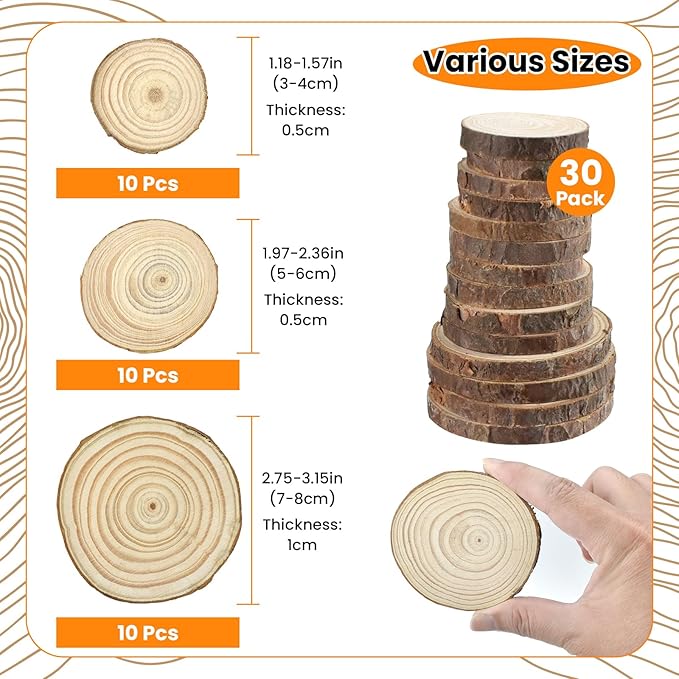 30Pcs 1.2"-3.1" Unfinished Natural Wood Slices, Round Wood with Tree Bark Discs Circles Cookies for DIY Arts & Crafts, Coaster, Christmas Ornaments, Rustic Wedding Decoration