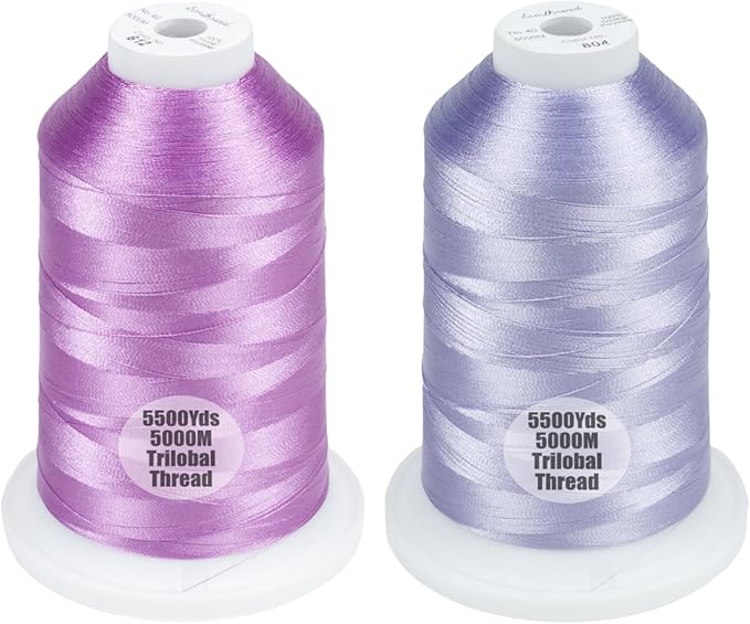 Simthread 2-Pack Trilobal Polyester Thread – 5000M (5500yds) No.40 Tangle-Free, Built-in Thread Lock Spool – Compatible with Brother, Singer, Janome & More,Lilac612+Lavender804