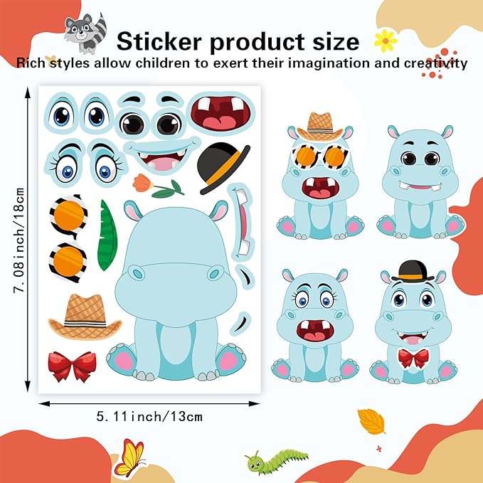 48 PCS Make a Face Stickers Sheets for Kids, Make Your Own Animal Mix and Match Stickers Sheets, Cute Animal Sticker for Birthday Party Favors Supplies Teacher Reward