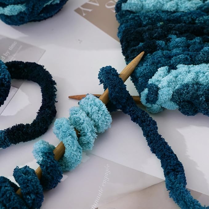 HOMBYS Blue Multi Chunky Chenille Yarn for Hand Knitting,Fluffy Soft Jumbo Yarn Crocheting,Super Bulky Big Yarn for Chunky Blanket,Large Thick Arm Knitting Yarn,8 Pack Plush Yarn